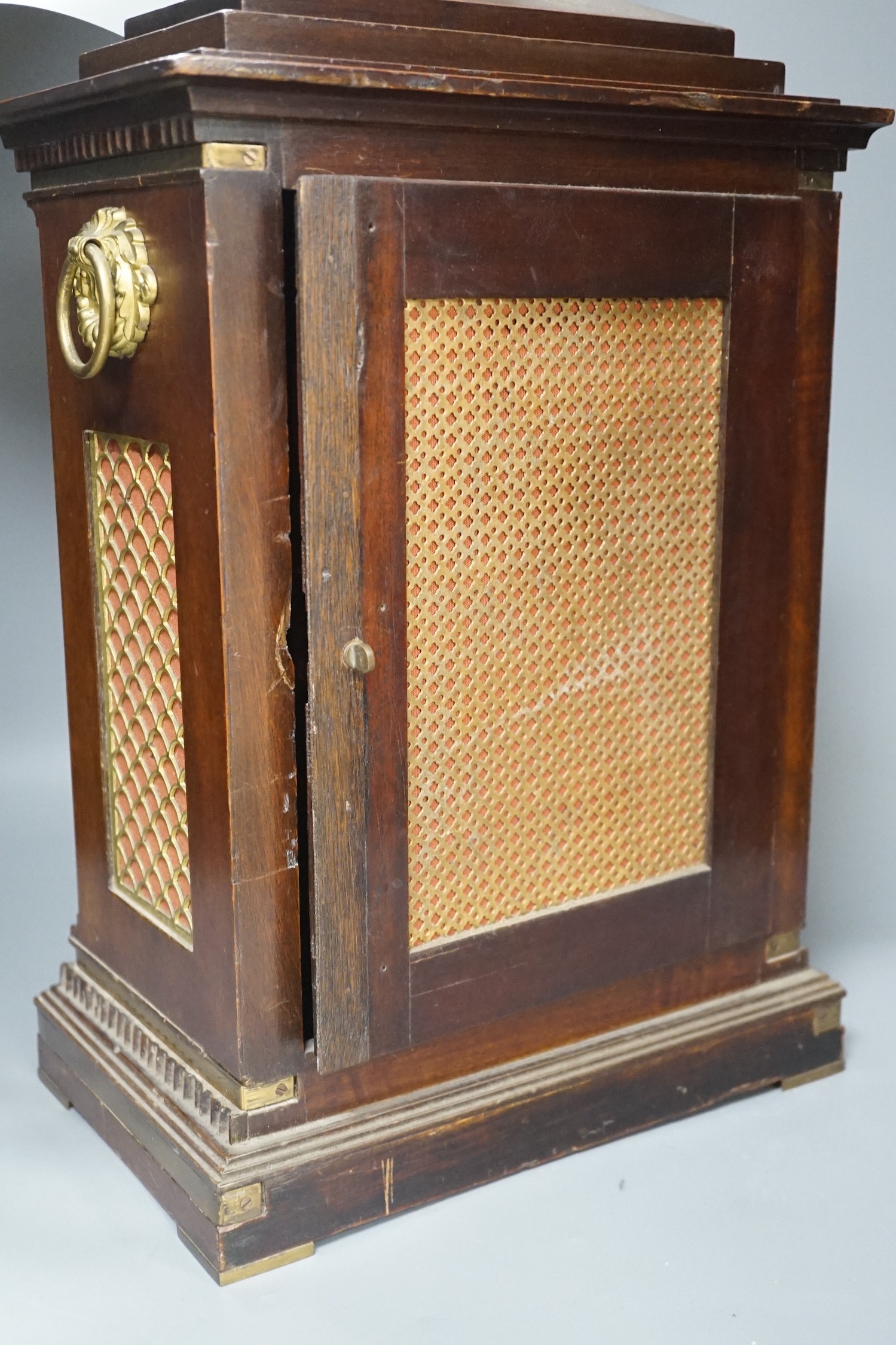 A Regency style mahogany bracket clock, pendulum, no key. 50cm